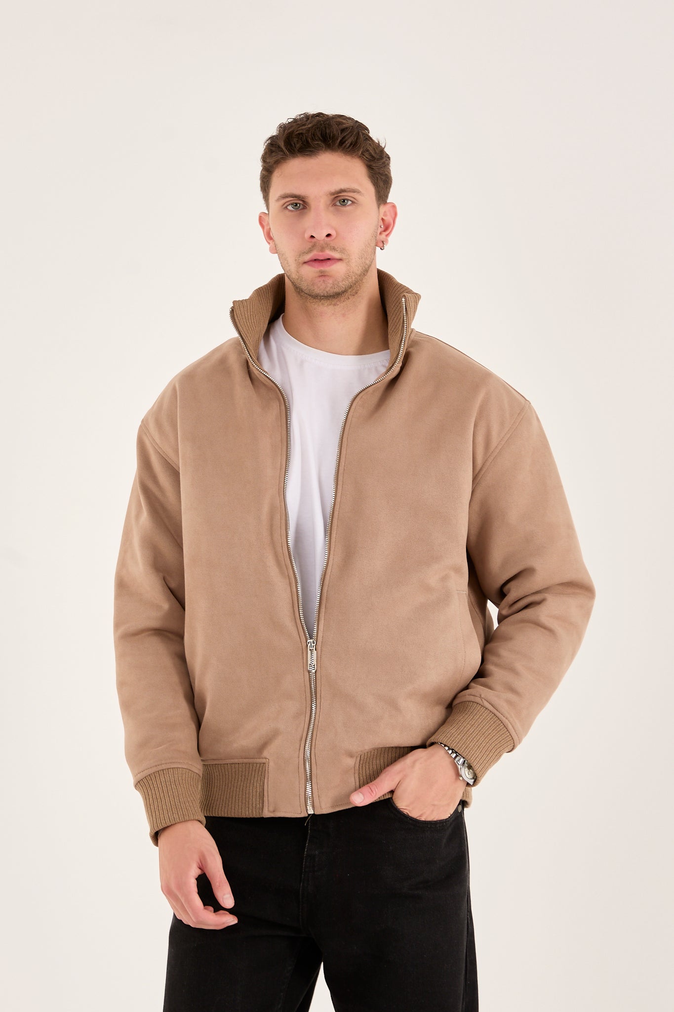 X-2021 Men’s Soft Suede Zip-Up Bomber Jacket – Beige