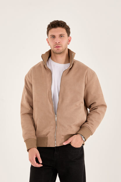 X-2021 Men’s Soft Suede Zip-Up Bomber Jacket – Beige