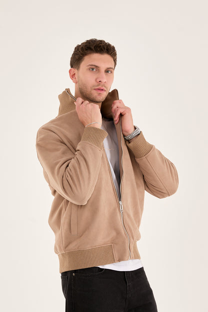 X-2021 Men’s Soft Suede Zip-Up Bomber Jacket – Beige