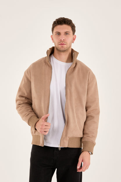 X-2021 Men’s Soft Suede Zip-Up Bomber Jacket – Beige