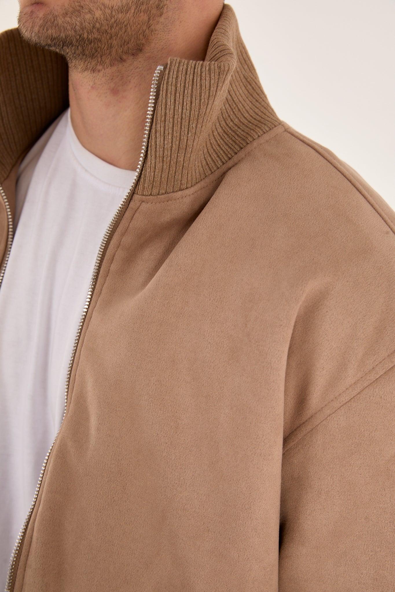 X-2021 Men’s Soft Suede Zip-Up Bomber Jacket – Beige