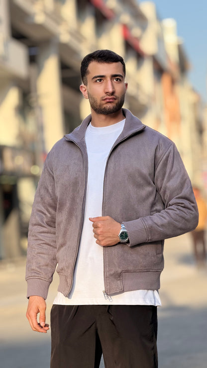 X-2021 Men’s Soft Suede Zip-Up Bomber Jacket – Taupe