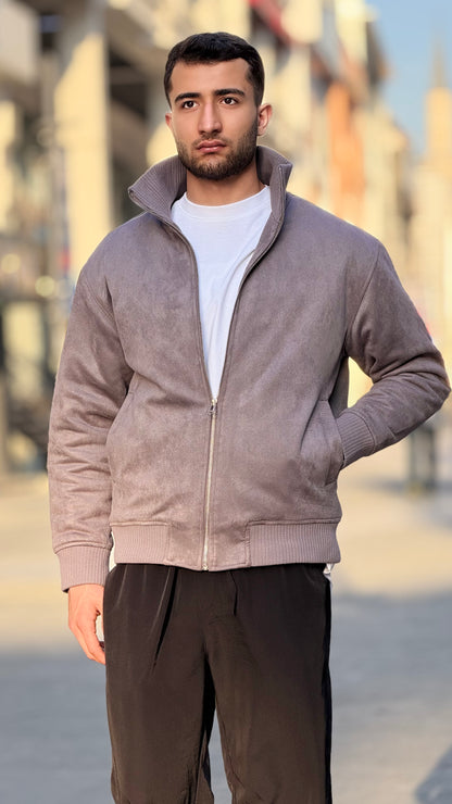 X-2021 Men’s Soft Suede Zip-Up Bomber Jacket – Taupe