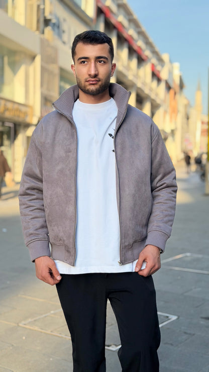 X-2021 Men’s Soft Suede Zip-Up Bomber Jacket – Taupe