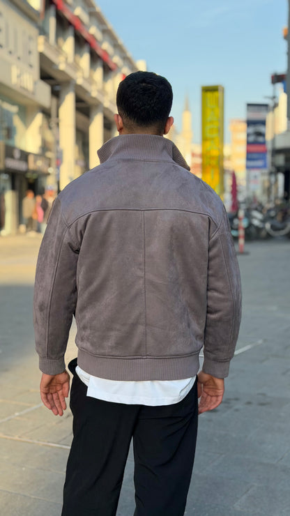 X-2021 Men’s Soft Suede Zip-Up Bomber Jacket – Taupe