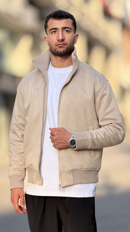 X-2021 Men’s Soft Suede Zip-Up Bomber Jacket – Cream Beige