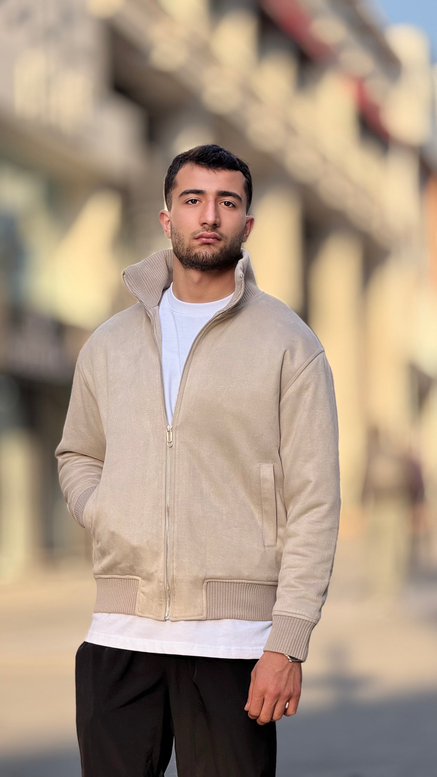 X-2021 Men’s Soft Suede Zip-Up Bomber Jacket – Cream Beige