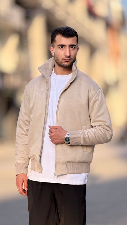 X-2021 Men’s Soft Suede Zip-Up Bomber Jacket – Cream Beige