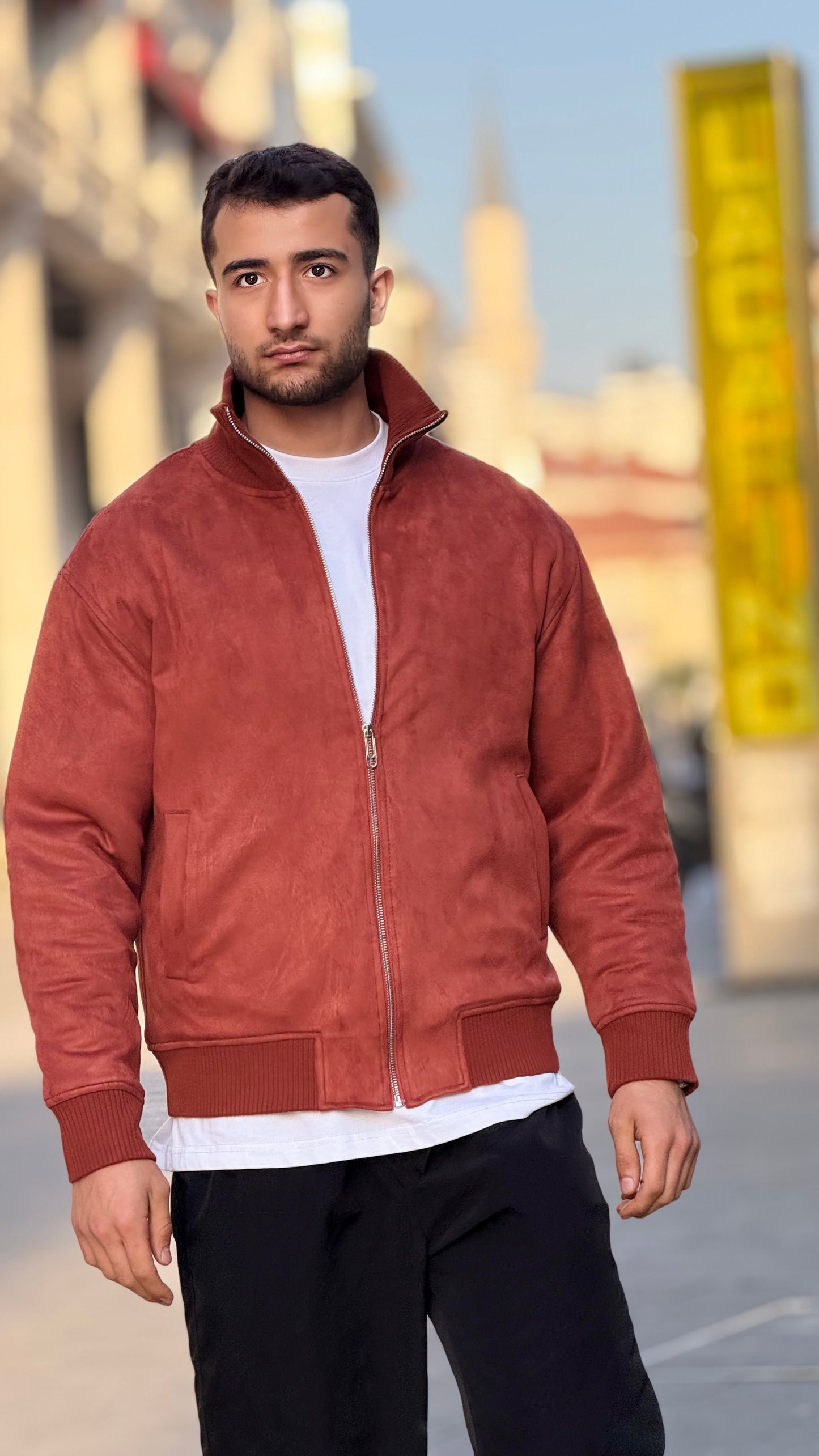 X-2021 Men’s Soft Suede Zip-Up Bomber Jacket – Brick Red