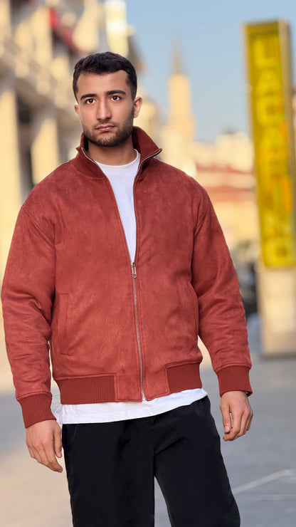 X-2021 Men’s Soft Suede Zip-Up Bomber Jacket – Brick Red