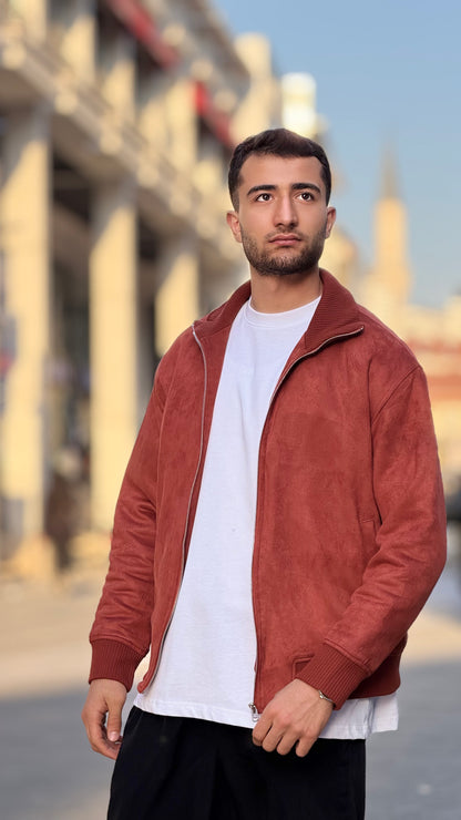 X-2021 Men’s Soft Suede Zip-Up Bomber Jacket – Brick Red