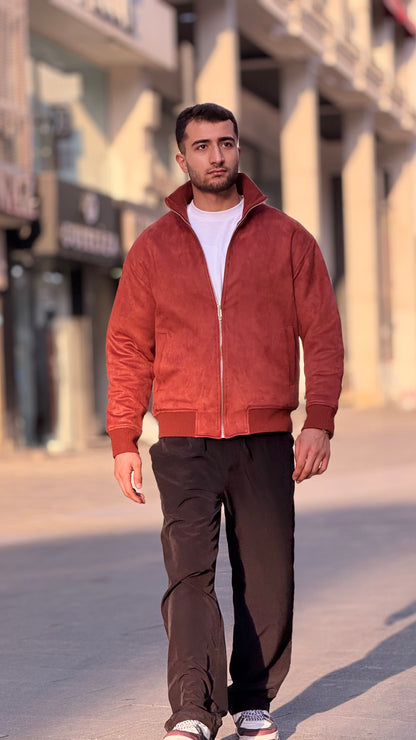 X-2021 Men’s Soft Suede Zip-Up Bomber Jacket – Brick Red
