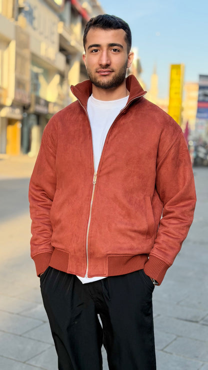X-2021 Men’s Soft Suede Zip-Up Bomber Jacket – Brick Red
