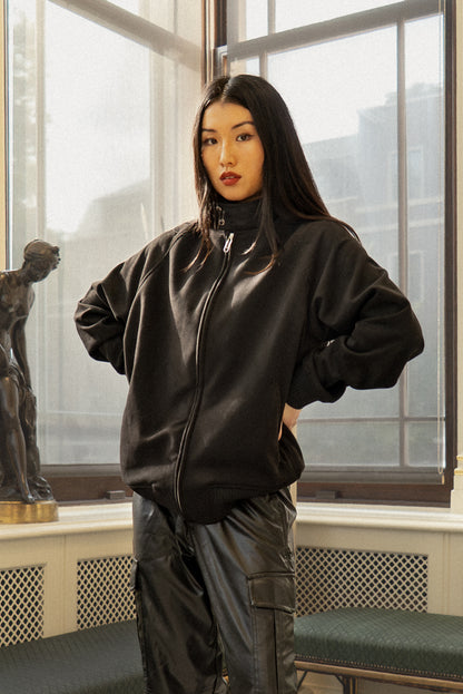 X-2022 Unisex Soft Suede Zip-Up Bomber Jacket – Black