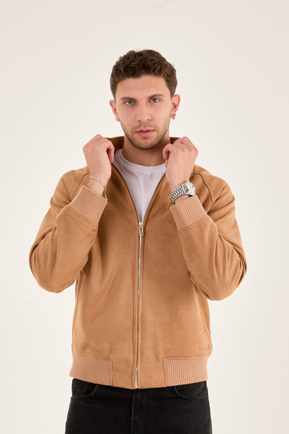 X-2022 Unisex Soft Suede Zip-Up Bomber Jacket – Camel