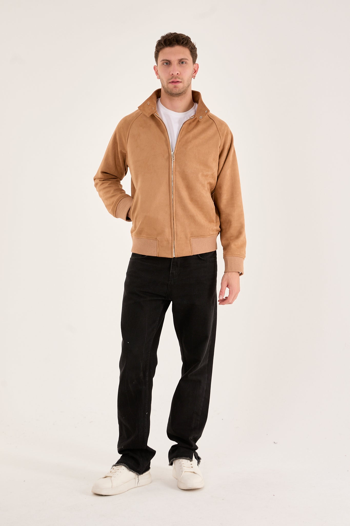 X-2022 Unisex Soft Suede Zip-Up Bomber Jacket – Camel