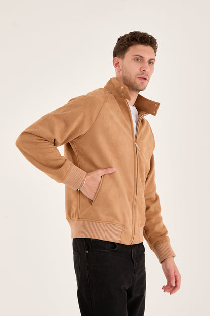 X-2022 Unisex Soft Suede Zip-Up Bomber Jacket – Camel