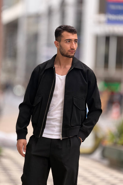 X-2025 Men’s Premium Black Utility Pocket Kaşe Jacket
