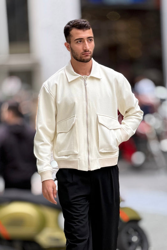 X-2025 Men’s Premium Ecru Utility Pocket Kaşe Jacket