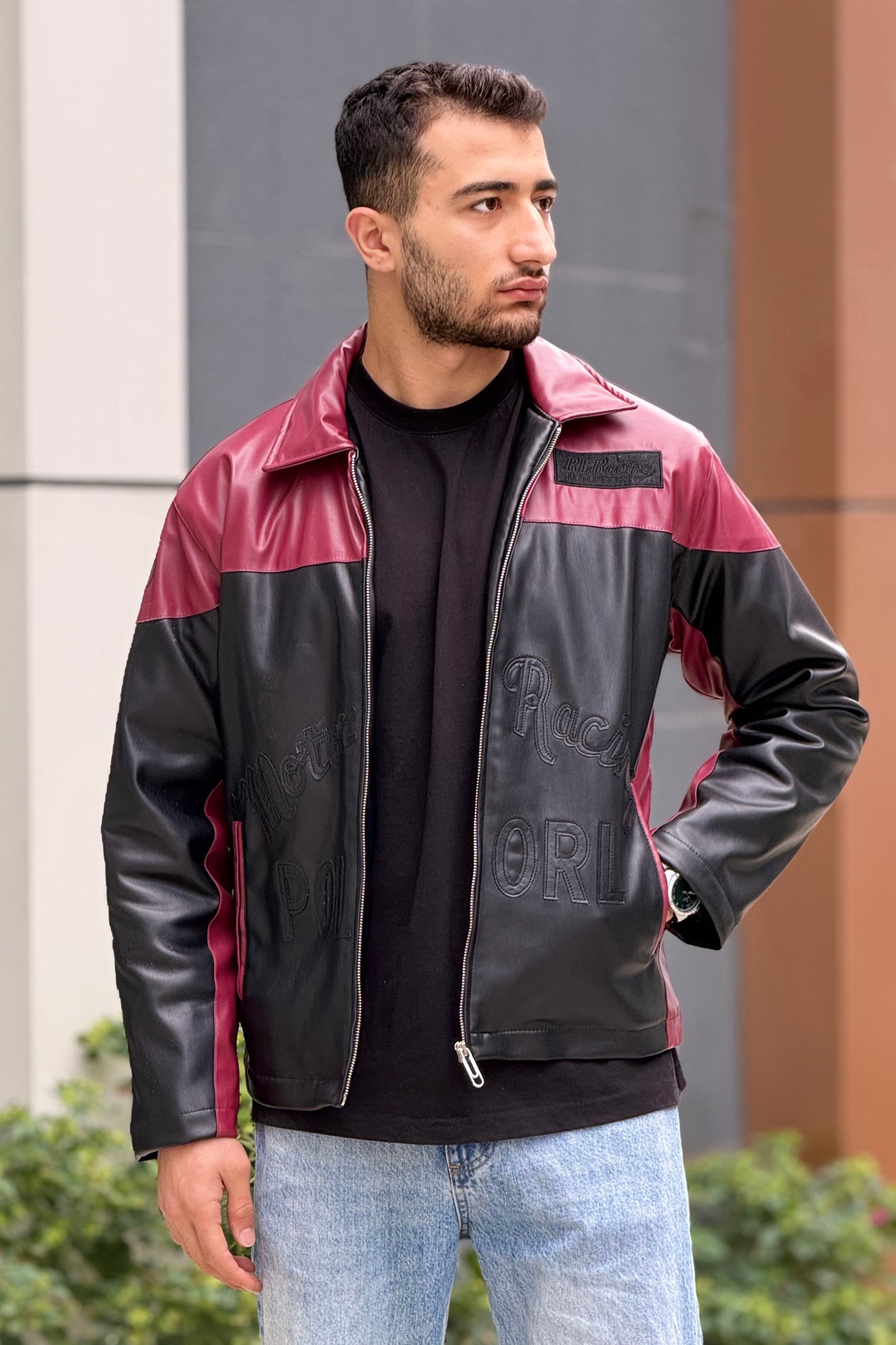 X-2024 Men’s Two-Tone Moto Style Leather Look Jacket