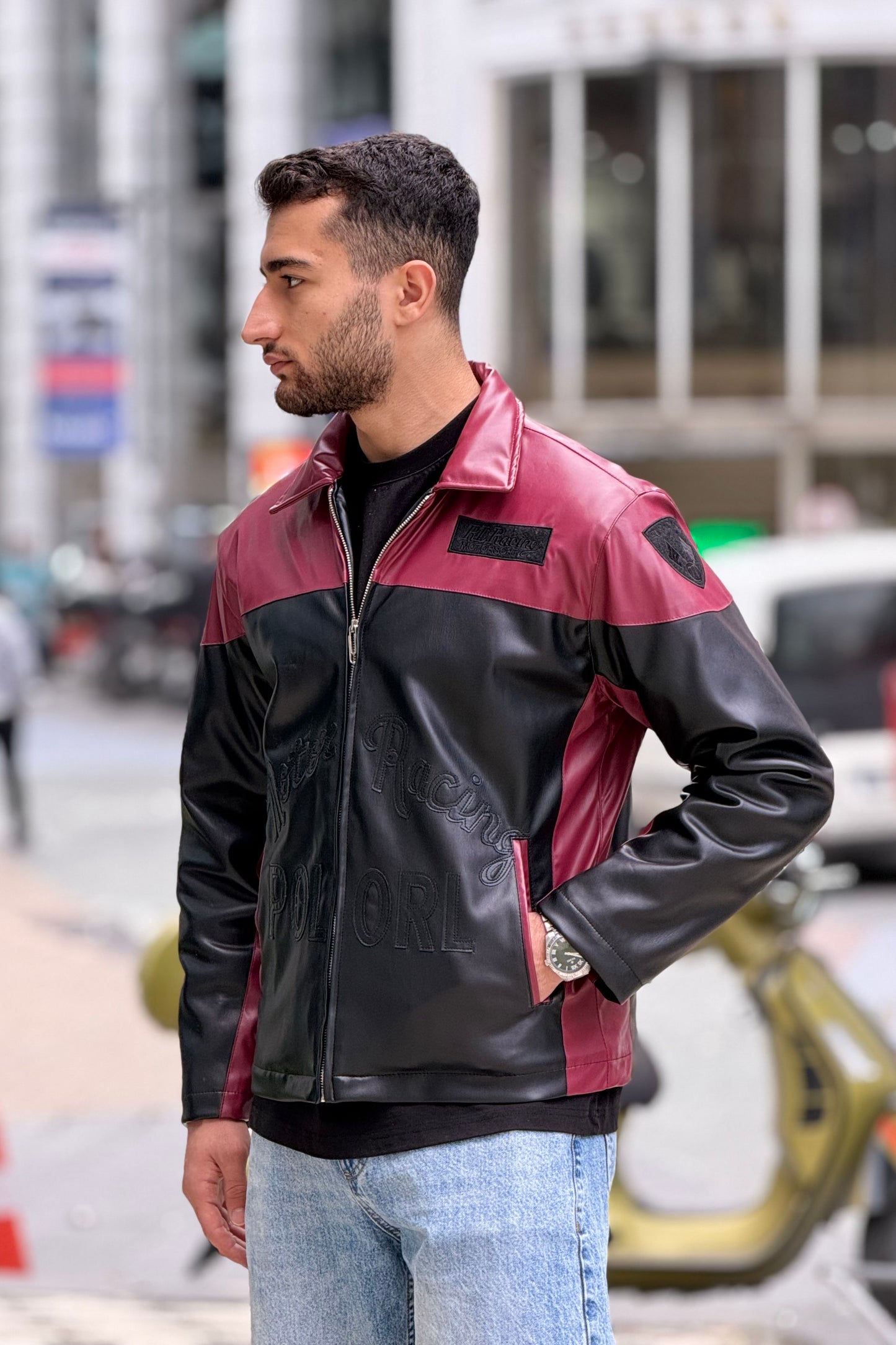 X-2024 Men’s Two-Tone Moto Style Leather Look Jacket