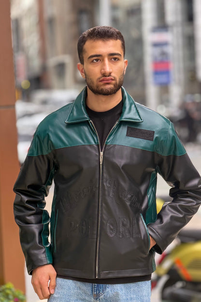 X-2024Men’s Two-Tone Green & Black Moto Style Leather Look Jacket