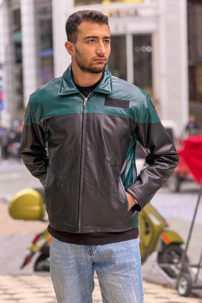 X-2024Men’s Two-Tone Green & Black Moto Style Leather Look Jacket