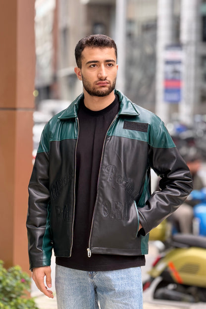 X-2024Men’s Two-Tone Green & Black Moto Style Leather Look Jacket