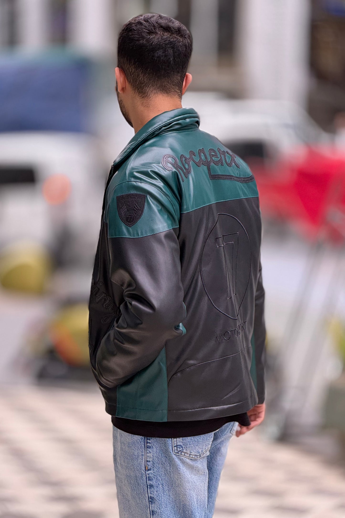 X-2024Men’s Two-Tone Green & Black Moto Style Leather Look Jacket