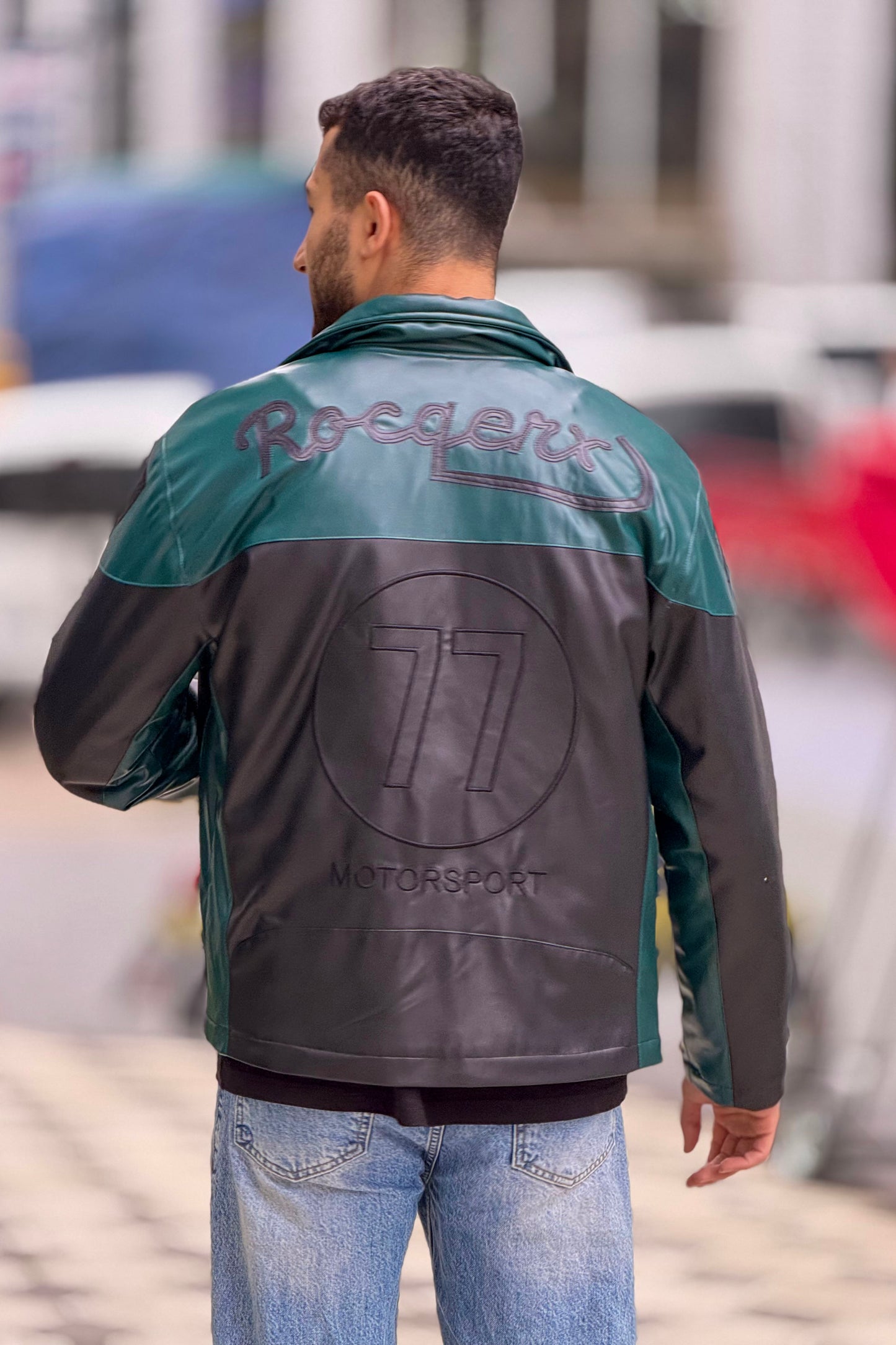 X-2024Men’s Two-Tone Green & Black Moto Style Leather Look Jacket