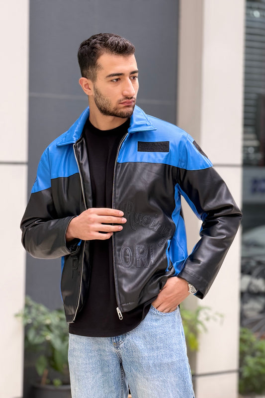 X-2024 Men’s Two-Tone Blue & Black Moto Style Leather Look Jacket