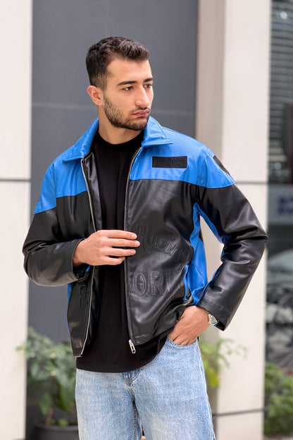 X-2024 Men’s Two-Tone Blue & Black Moto Style Leather Look Jacket