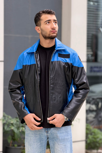 X-2024 Men’s Two-Tone Blue & Black Moto Style Leather Look Jacket