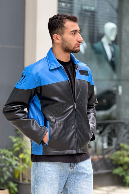 X-2024 Men’s Two-Tone Blue & Black Moto Style Leather Look Jacket