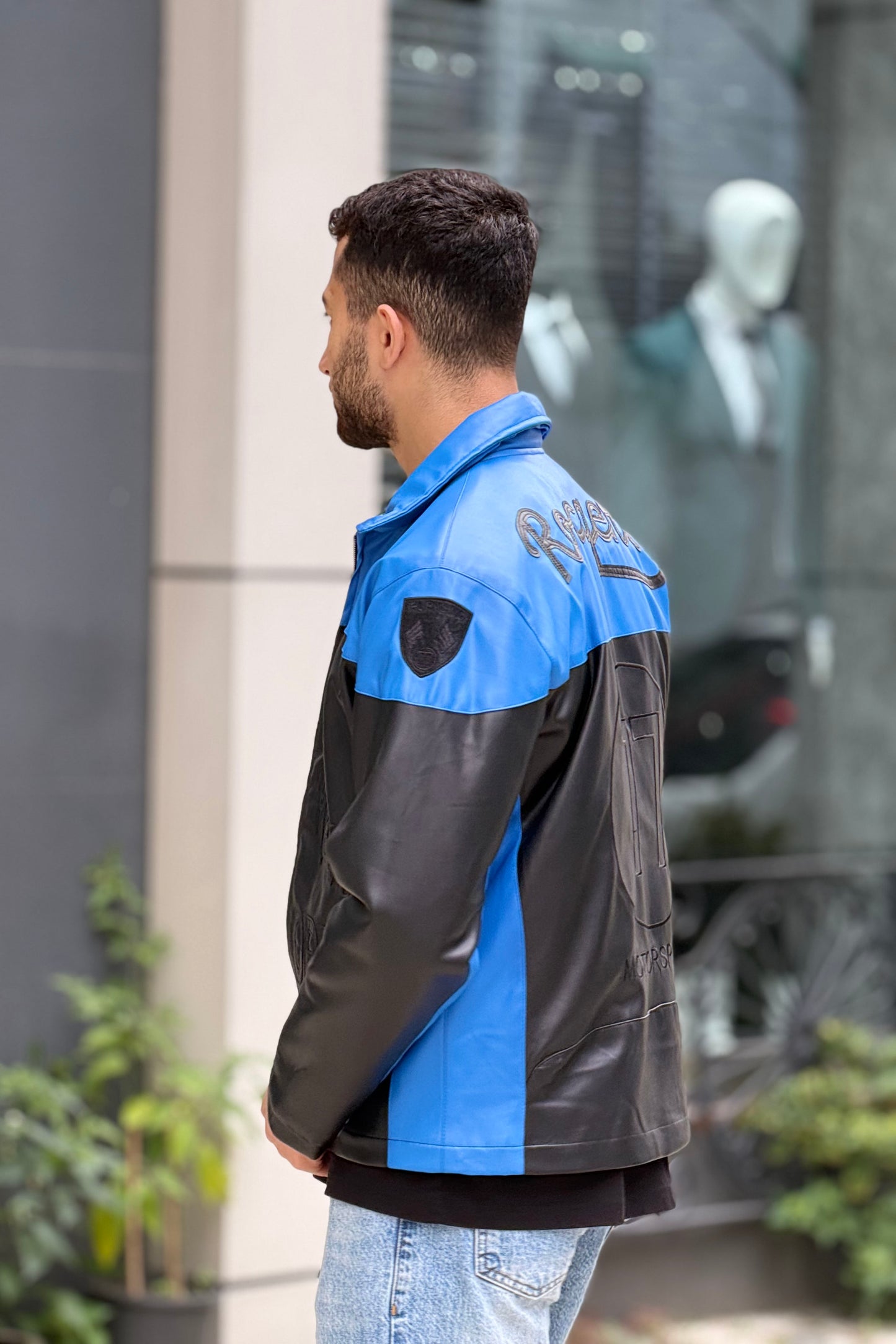 X-2024 Men’s Two-Tone Blue & Black Moto Style Leather Look Jacket