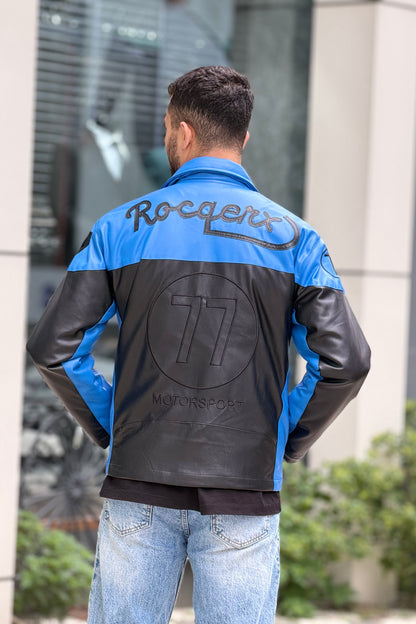 X-2024 Men’s Two-Tone Blue & Black Moto Style Leather Look Jacket