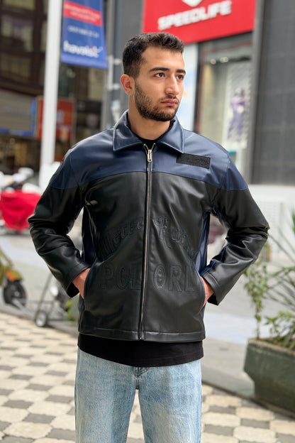 X-2024 Men’s Two-Tone Navy & Black Moto Style Leather Look Jacket