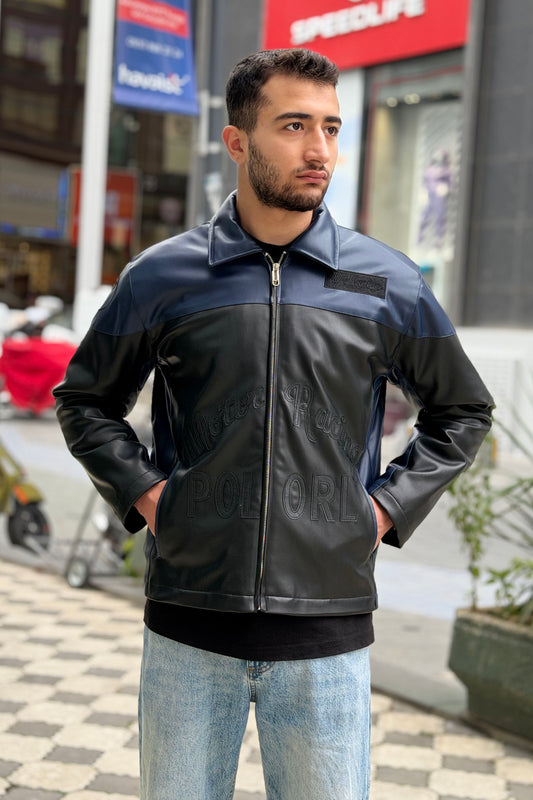 X-2024 Men’s Two-Tone Navy & Black Moto Style Leather Look Jacket