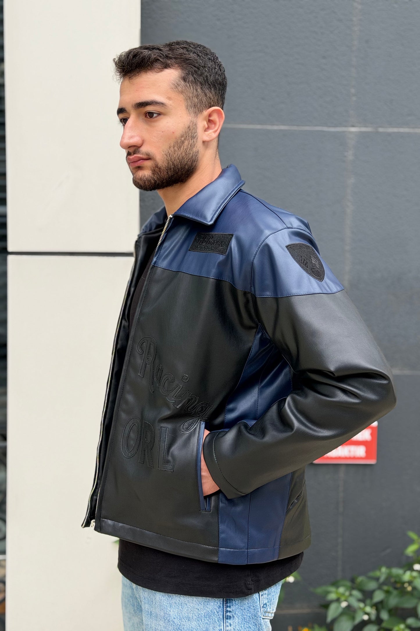 X-2024 Men’s Two-Tone Navy & Black Moto Style Leather Look Jacket