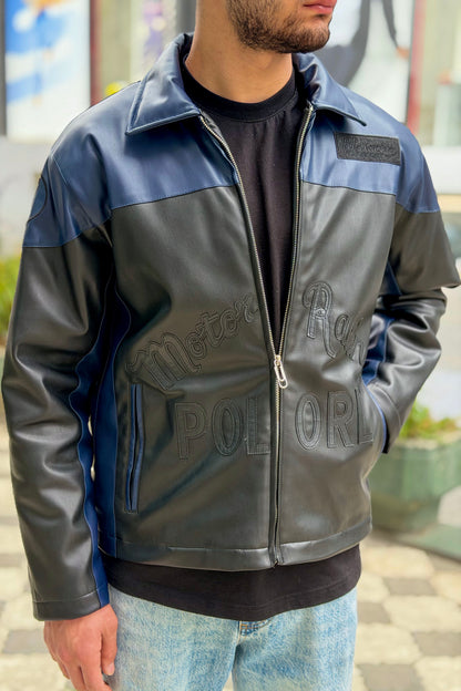 X-2024 Men’s Two-Tone Navy & Black Moto Style Leather Look Jacket