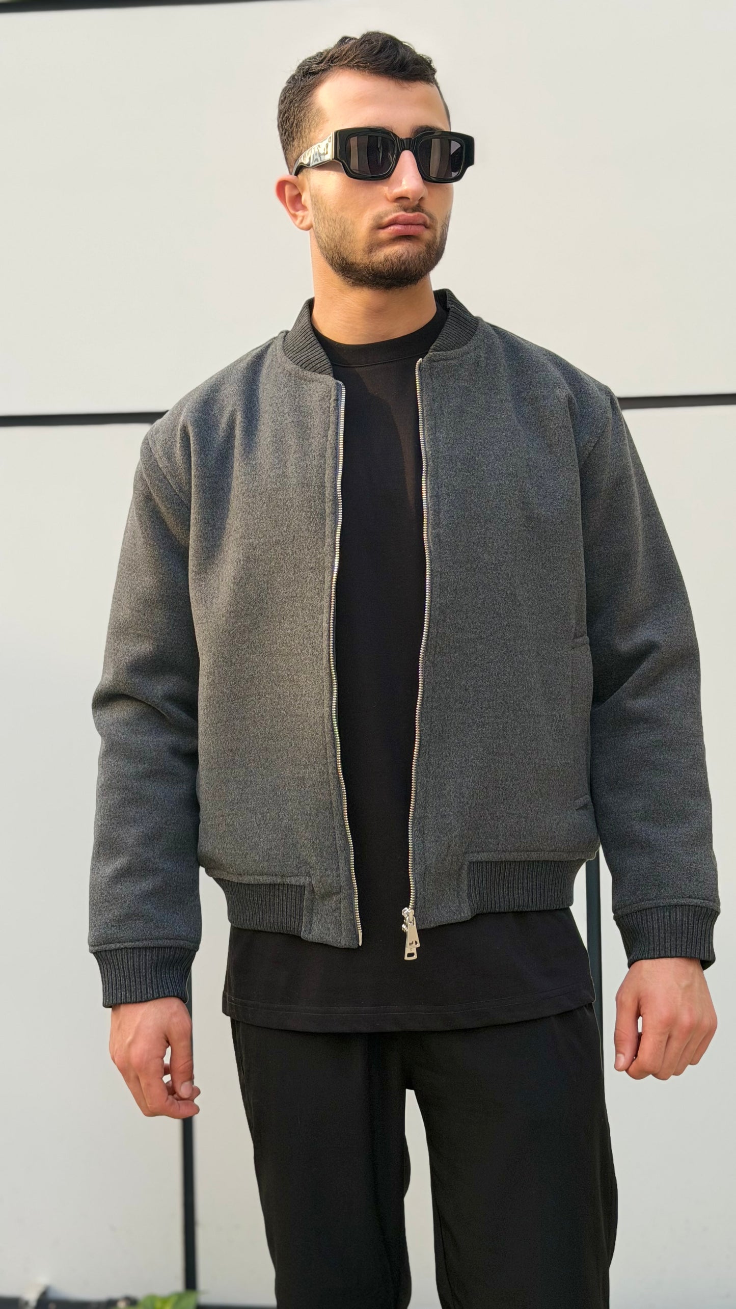 X-2034 Men’s Wool-Look Lined Bomber Jacket – Charcoal Grey