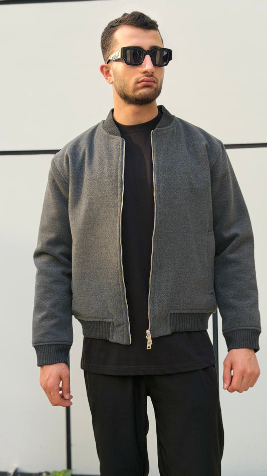 X-2034 Men’s Wool-Look Lined Bomber Jacket – Charcoal Grey
