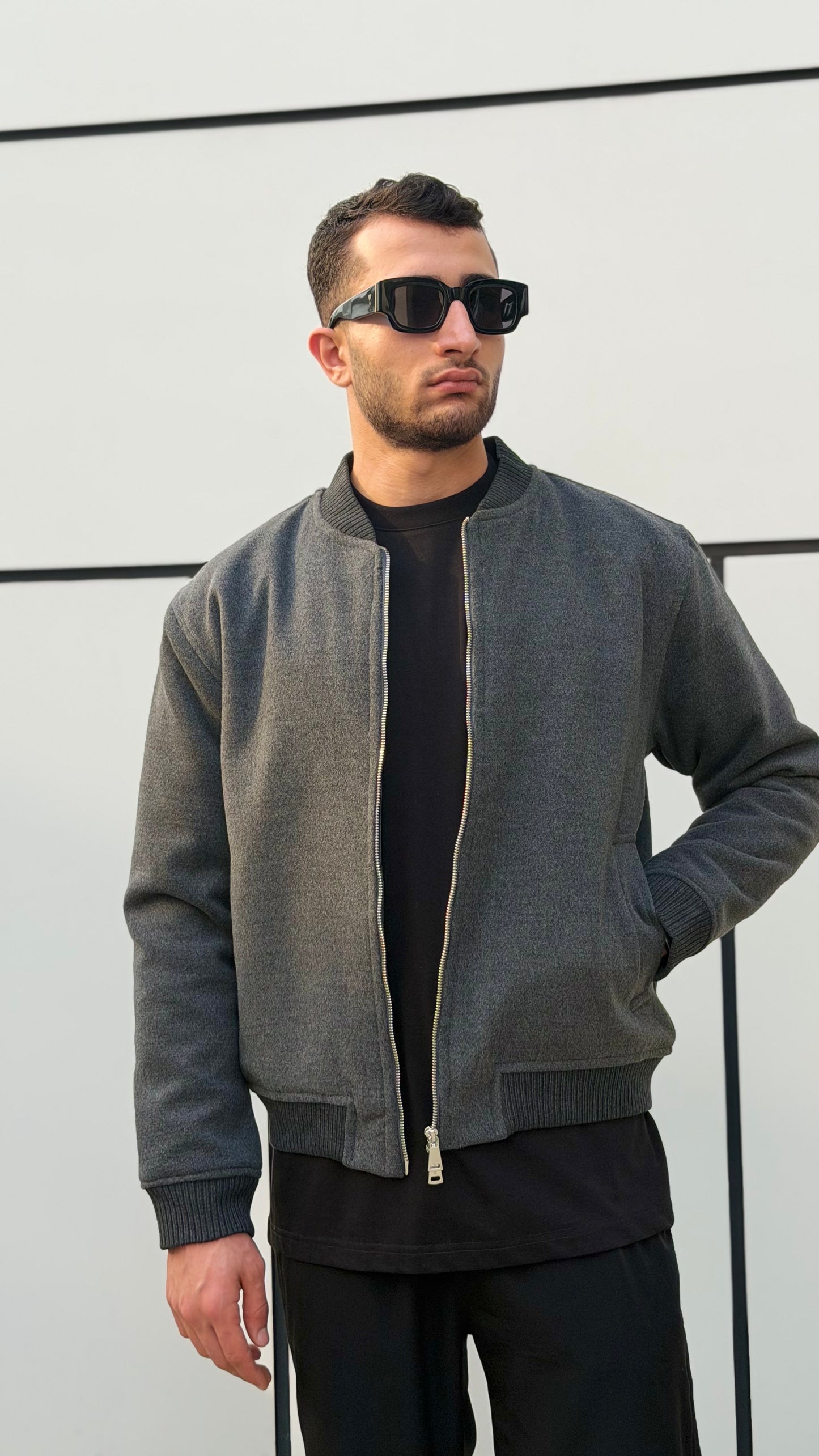 X-2034 Men’s Wool-Look Lined Bomber Jacket – Charcoal Grey