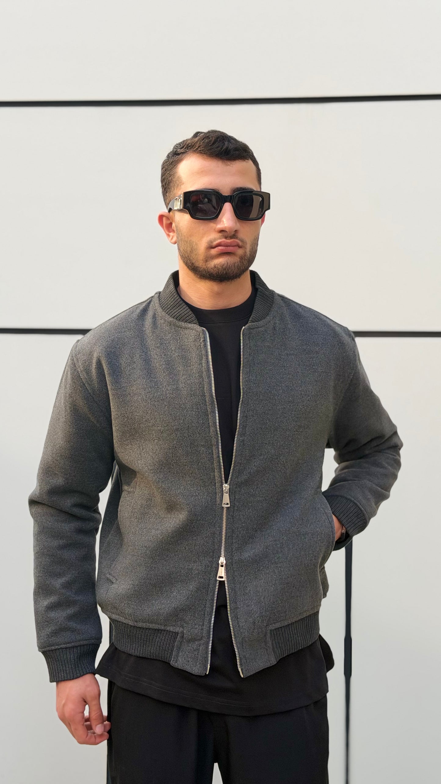 X-2034 Men’s Wool-Look Lined Bomber Jacket – Charcoal Grey