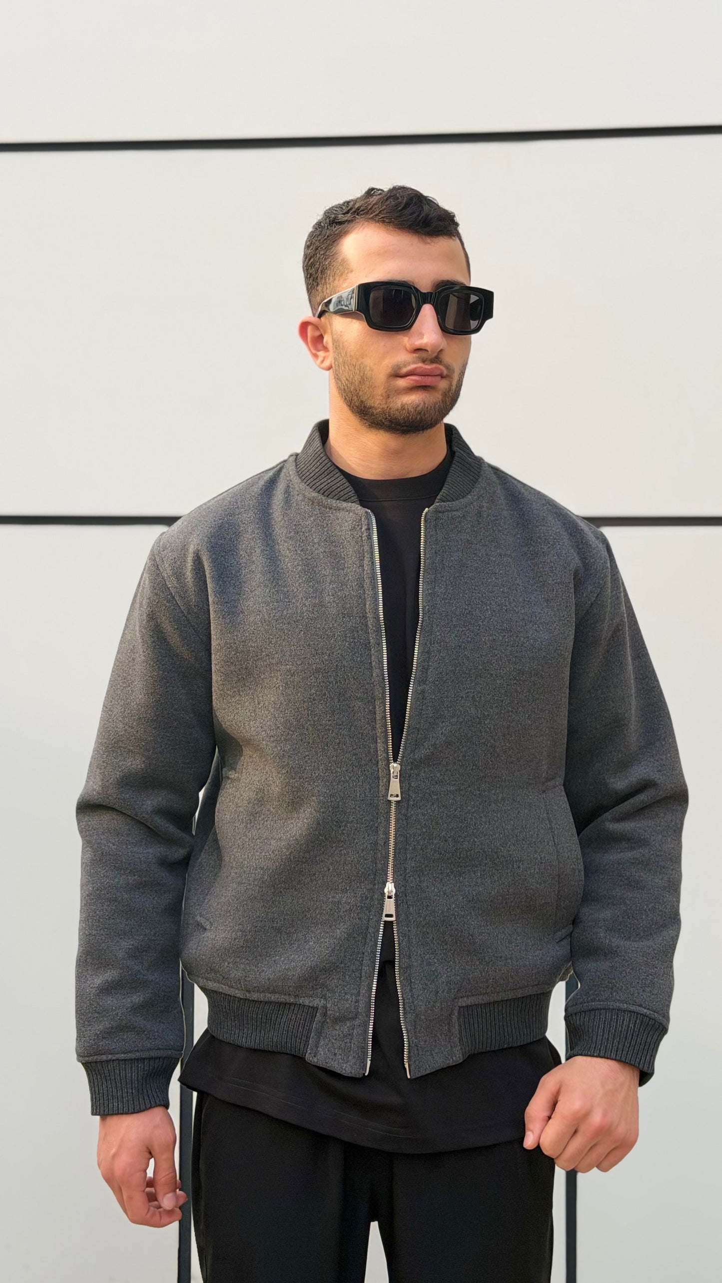 X-2034 Men’s Wool-Look Lined Bomber Jacket – Charcoal Grey