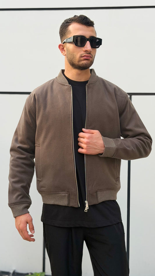 X-2034 Men’s Wool-Look Lined Bomber Jacket – Taupe Brown