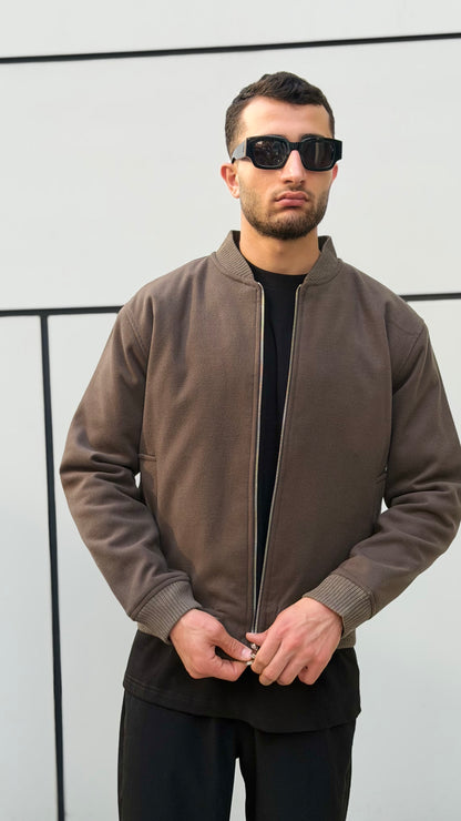 X-2034 Men’s Wool-Look Lined Bomber Jacket – Taupe Brown
