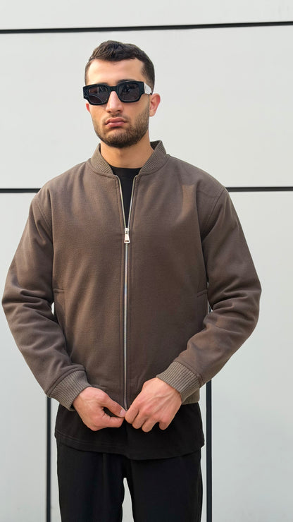 X-2034 Men’s Wool-Look Lined Bomber Jacket – Taupe Brown