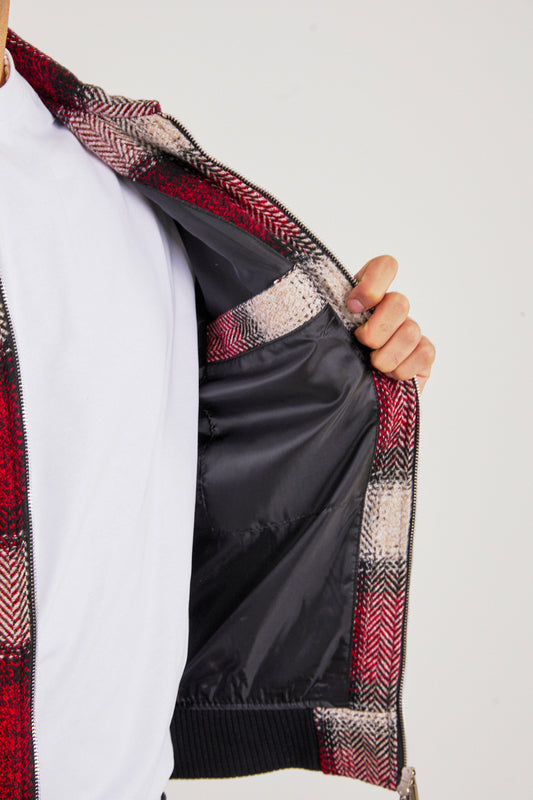 X-2038 Men’s Checked Zip-Up Bomber Jacket – Red