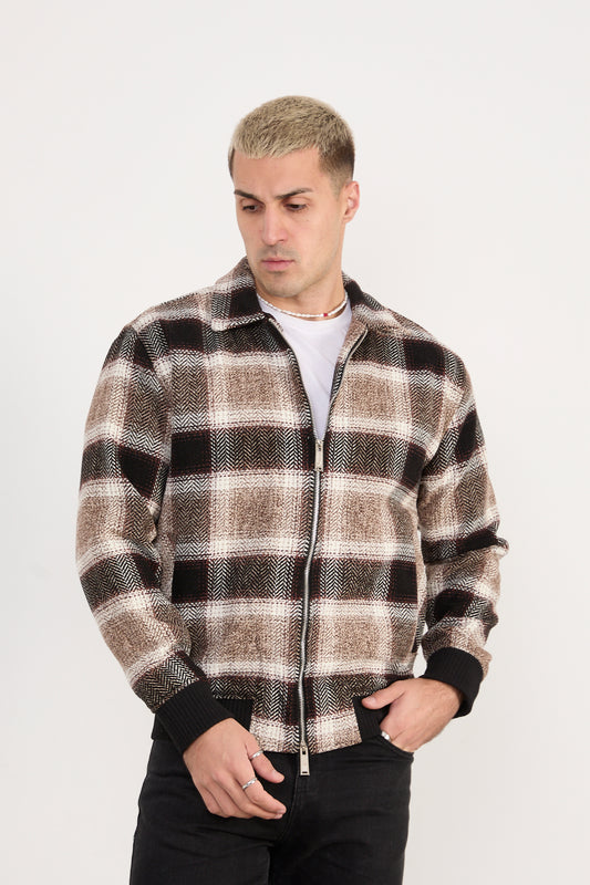X-2038 Men’s Checked Zip-Up Bomber Jacket – Brown